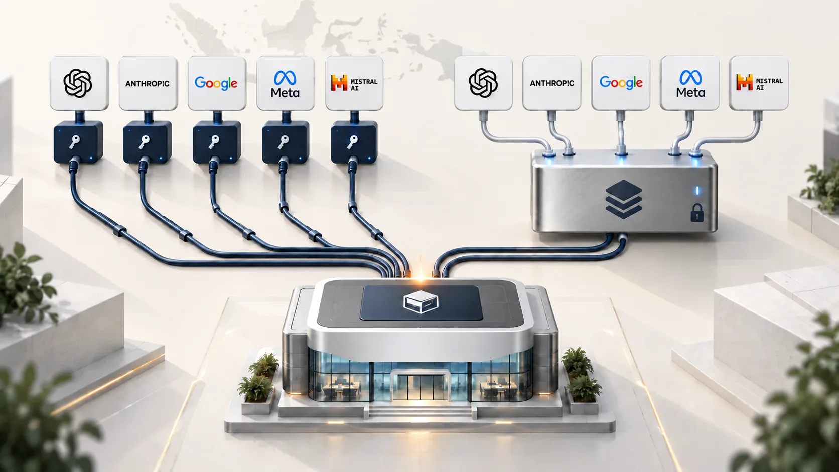 Ilustrasi perbandingan arsitektur API langsung dan API aggregator untuk mengakses berbagai model AI