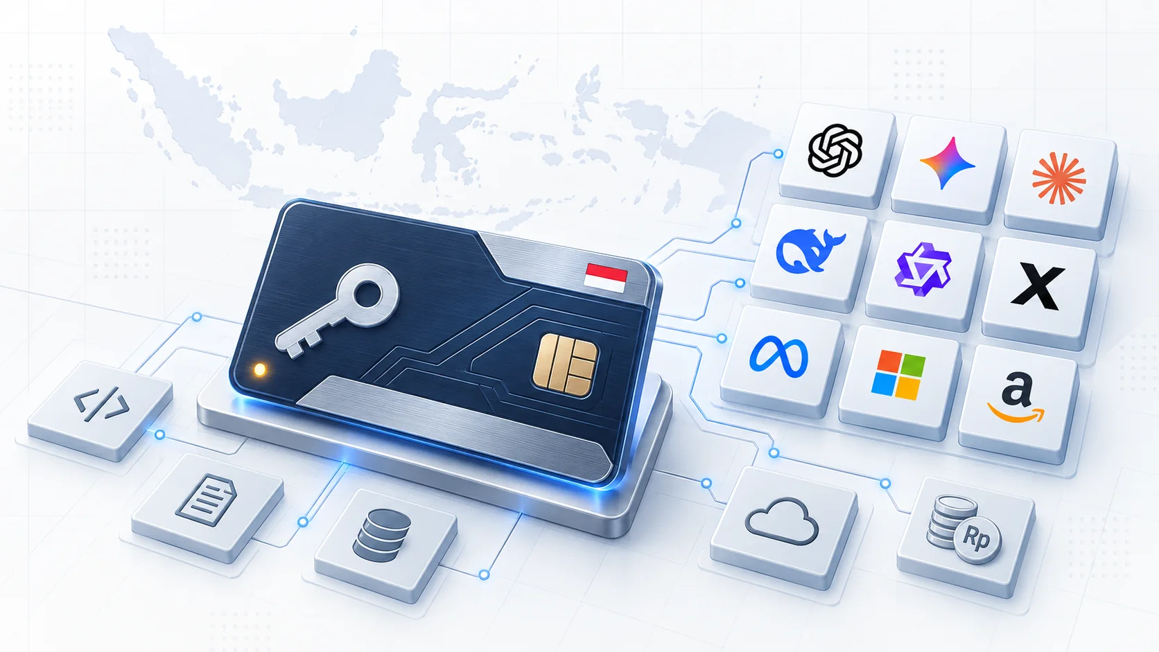 Ilustrasi API AI Indonesia yang menghubungkan aplikasi bisnis dengan berbagai model AI melalui satu gateway.