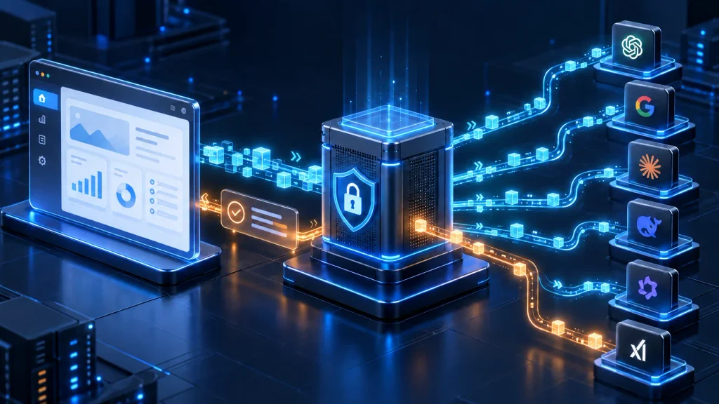 Diagram visual alur permintaan dan respons antara aplikasi, API gateway, dan model AI.